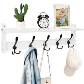 Homode Wall Shelf with Hooks, 24 Inch Coat Rack with Shelf, Farmhouse Entryway Floating Shelf with Tri Hooks, Coat Hanger with Storage for Bathroom, Entry Way, Mudroom, White