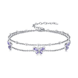 MEIDERBO Butterfly Bracelet for Women 925 Sterling Silver Link Purple Butterfly Double Bracelet Charm Adjustable Jewelry Gifts for Women Girlfriend Her