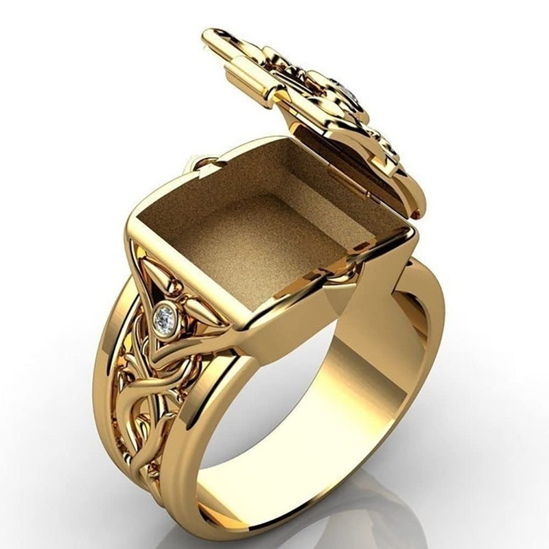 Ganquya Men's Hip Hop Cubic Zirconia Ring,Mini Secret Compartment Storage