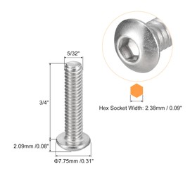 uxcell #8-32x3/4 Button Head Socket Cap Screws, 50pcs 304 Stainless Steel Fasteners Hex Bolts Screws, Full Thread Hex Drive Screws