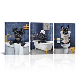 Nachic Wall Funny Bathroom Wall Art Lovely Dog Painting Canvas Prints Set of 3 (Navy)