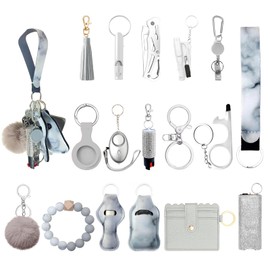 Araafur Wristlet Keychain Set with Wallet Card Holder and Pom pom Airtag Keychain Accessories for Women (Gray)