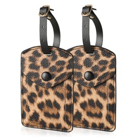 Kevancho Leather Luggage Tags for Men Women, Suitcase Labels Baggage Bag Tag ID Tags with Full Back Privacy Cover for Cruise Ships, Travel Accessories Tags Set (Leopard)