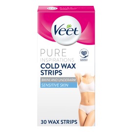Veet Pure Inspirations Cold Wax Strips, Bikini & Underarm, Sensitive Skin, 30 Strips each, 3 Finish Wipes