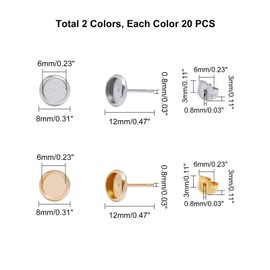 UNICRAFTALE 6mm About 40pcs Round Bezel Earring Blanks with Ear Nuts 0.8mm Pin Golden and Stainless Steel Color Earring Bezel Stainless Steel Stud Earring for Earring Jewelry Making