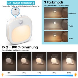 Night Light Socket, [Pack of 2] Night Light with Motion Sensor, 10-100% Touch Control, Dimmable, Has 3 Modes (On/Auto/Off), LED Night Light with Twilight Sensor for Children's Room, Stairs, Hallway