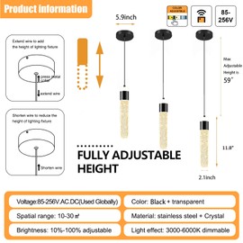 IDEQUY Modern Mini Crystal Pendant Light for Kitchen Island Bedroom Bedside Hanging Ceiling Lamp with Crystal Bubble Column, LED Dimmable 3000k-6000k Independent 1-Light Black