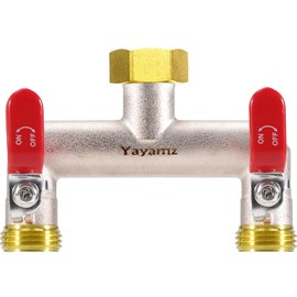 Yayamz 2 Way Garden Hose Splitter, Heavy Duty Brass Nickel Plated Rust Resistant Faucet Manifold, 3/4" Frost Resistant Outdoor Hose Adapter Connector，Hose Spigot Adapter with 2 large red handles