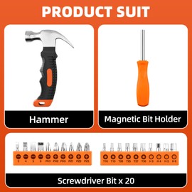 Wrenzo 22 Piece Claw Hammer, Small Hammer, Screwdriver Set, Tools Set, Tool Kit with Anti-Slip Handle for Women DIY Craft Industry, Indoor Outdoor Using, Orange