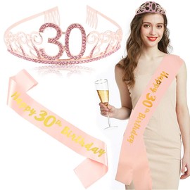 Crown Sash Birthday, Rose Gold Birthday Crown Princess Crown Headband Crystal Tiara 30th Birthday Sash, Women's Hair Band Crowns Satin Sashes for 30 Year Birthday Decoration Party Accessories