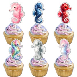 18pcs Colorful Glitter Sea Horse Dessert Cupcake Topper Sea Creature Theme Decor Supplies Baby Shower Happy Birthday Wedding Anniversary Party Decorations