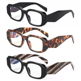 JM 3 Pack Trendy Square Reading Glasses For Women Fashion Blue Light Blocking Eyeglasses Rectangular Anti Eyestrain Computer Readers For Men Ladies+4.0