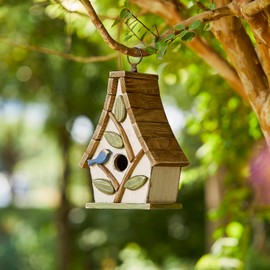 Glitzhome 9.5" H Garden Hanging Bird House Distressed Solid Wood Decorative Birdhouse with Natural Wood Pallet Roof and 3D Tree for Outdoors,Washed White