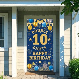 10th Birthday Decorations Door Banners - Blue Gold Double Digits Backdrop Banner, Happy Birthday Large Size Porch Sign Background for Boys 10 Years Old Party Supplies(185x90cm)