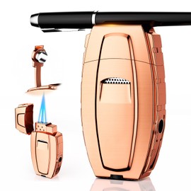 All-in-One Torch Lighter with Windproof Dual Jet Flame, Built-in Punch, Holder, Exquisite Accessories Gift, Rose Gold Butane Lighters for Candles, Trip, Outdoors (Butane not Included)