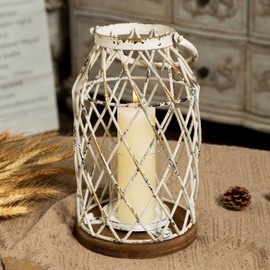 Farmhouse Hurricane Metal Candle Lanterns Decorative Outdoor 11", Hanging Distressed White Rustic Wedding Candle Holders for Real Candles, Birdcage Decor for Kitchen Bathroom Thanksgiving Christmas