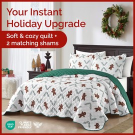Quilt Set Full/Queen Size - Christmas Quilts - 3 Piece Lightweight Comforter Set with 2 Pillow Shams - Coverlet Blanket for All Seasons - Xmas Festive Holiday Bedspread - Gingerbread Cookie, 98 x 90
