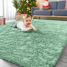 OLANLY Area Rugs for Living Room Bedroom, Machine Washable 4x5.9 Feet Soft Fluffy Shaggy Bedside Rug, Indoor Floor Carpet for Kids Girls Boys, Dorms, Nursery Rooms, Home Decor Aesthetic, Mint Green