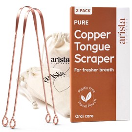 Raspador de lengua Arista 100% cobre para adultos y niños. Raspador de lengua metálico de cobre para el mal aliento, el cuidado bucal y la higiene. Paquete de 2 con estuche de viaje.