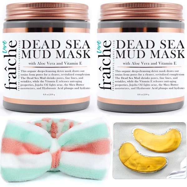 (2 PACK + BONUS GIFT) Live Fraiche Organic Dead Sea Mud Mask Natural Facial & Body Cleanser- 8.8oz -Fight breakouts acne blackheads & Reduce Pores/Lines/Wrinkles - w/free Plush Spa Headband