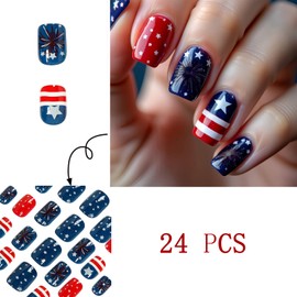 24pcs Independence Day Fireworks Press On Nails Short Square Stripes Five-Pointed Star Design False Nails Red Glitter Star July 4th Acrylic Stickers Nails for Women Girls Nail Art Decoration 24pcs