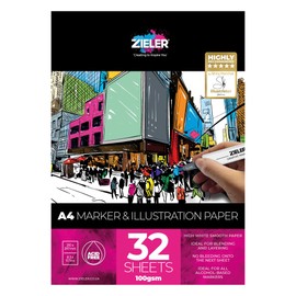 Artists Marker & Illustration Pad | A4 | 100gsm | 32 Sheets of Ultra Smooth, Coated, High-White Paper | Bleedproof - by Zieler®.