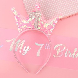 Exacoo 7th Birthday Girl Sash and Headband Set 7th Birthday Decorations for Girls Pink Sequins Pearl Princess Tiara Hairband,7 Year Old Happy Birthday Party Outfit Gifts