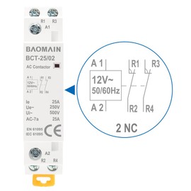 Baomain 12V AC 2-Pole Modular Contactor, 25A 2NC Normally Closed, DIN Rail Mount for HVAC, Motor, Pump & Lighting Control BCT-25/02-12VAC