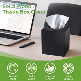 S310 Wood Tissue Box Cover, Square Tissue Box Holder with Slide-Out Bottom, Wooden Cube Tissue Covers Tissue Holders for Bathrooms Office Kitchen, Black