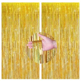 2 Piece Gold Glitter Foil Curtain Backdrop(1m x 2.5m),Sparkle Foil Fringe Tinsel Curtain for Photo Background/Birthday/Wedding/New Year's Party Decoration