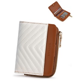 Sunpour Small Bifold Wallets Woman RFID Mini Wallet for Women Slim Card Holder with Zipper Coin Pocket & 2 ID Windows (Beige&Brown)