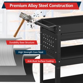 Percince 3-Tier Rolling Tool Cart with Lockable Drawer, 450LBS Capacity Heavy Duty Utility Cart on Wheels, Industrial Tool Storage for Mechanics, Garage, Warehouse, Repair Shop (Black)