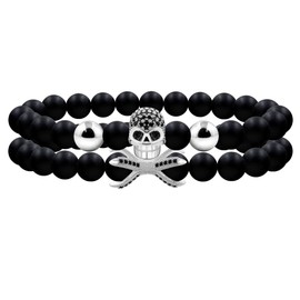 Oneress Skull Friendship Bracelets, 8MM Black Obsidian Beaded Stretch Bracelet with Brass Skull for Best Friends, Commemorative Punk Jewelry Parties and Birthdays YA4723 (White)