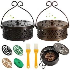 Porta spirali antizanzare, confezione da 2 pezzi, con spazzole per la pulizia, bruciatore di incenso in metallo retrò con coperchio, custodia portatile per bobina, per patio, campeggio, giardino