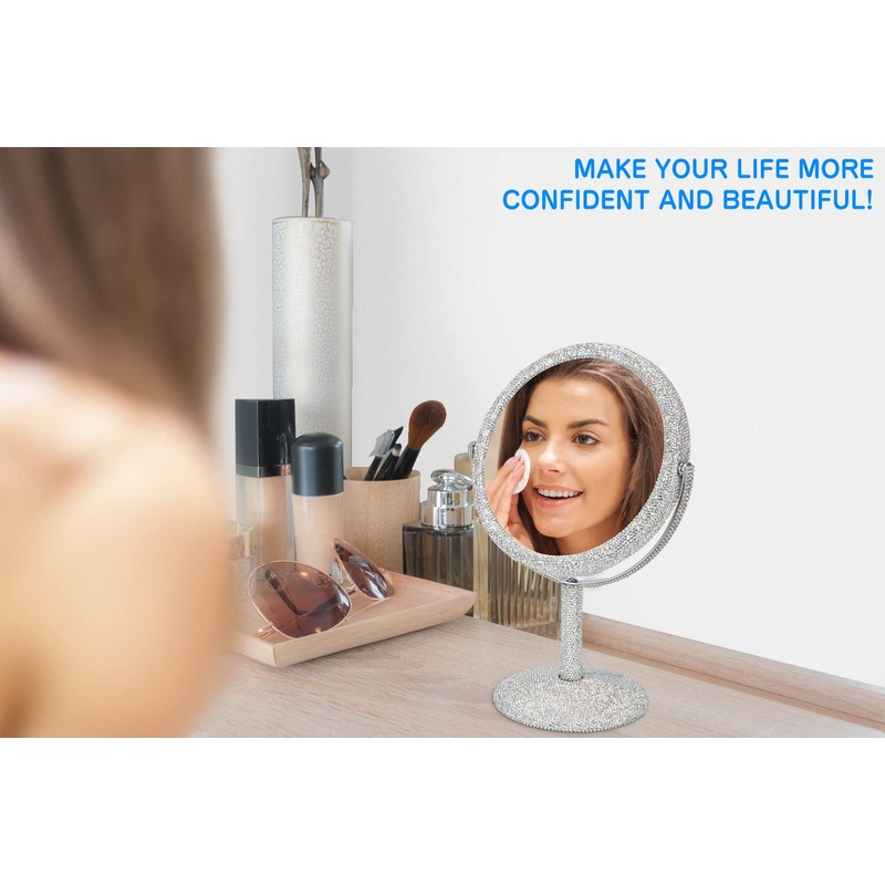KEYPOWER Bling Rhinestone Makeup Vanity Mirror Round with Stand Double