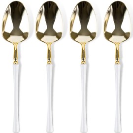 Blue Sky Infinity Flatware White/Gold Soup Spoons - 20 Count | Elegant Disposable Cutlery for Your Next Event, Premium Plastic Design