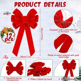 Lenwen 12 Pcs Large Christmas Bows 11 x 19.6 inch Velvet Christmas Wreath Bows Christmas Tree Topper Bow with Golden Edge Big Xmas Ornament for Wreath Gift Home Front Door Decor (Red)