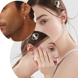 Mens Cross Earrings Dangle Cross Earrings for Men & Women White Gold Plated Over 925 Sterling Silver Asymmetric Cross Stud Earrings Hip Hop Earrings Amulet Christian Jewelry Gifts for Her FE90W