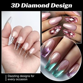 ZAHRVIA Coffin Nail Tips-120 Pcs Medium Length Coffin Clear Nail Tips, 3D Diamond Shape Designs Soft Gel Tip Full Cover Acrylic Nail Tips, Nail Extension 15 Sizes