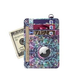 for AirTag Wallet Case for Women Girls, Cute Slim Minimalist Front Pocket Wallet Purse Compatible with AirTags, Credit Card Cash Holders with Built-in Case, Mandala, Case Holder for Airtag