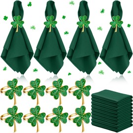 Gerrii 16 Pcs St. Patrick's Day Napkin Rings Set 8 Pcs Green Metal Napkin Rings Holder and 8 Pcs Green Washable Napkins Cloth for St. Patrick's Day Dinner Party Table Decoration (Stylish Style)