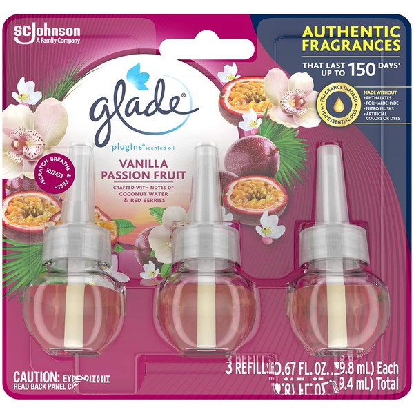 Glade PlugIns Scented Oil Refill Vanilla Passion Fruit, Essential Oil Infused Wall Plug In, 2.01 FL OZ, Pack of 3