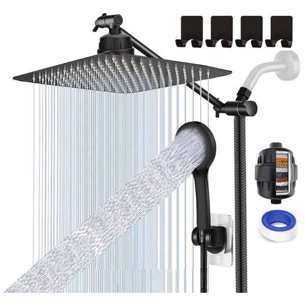 UPGRADED 10" Black Shower Head with Handheld Spray Waterfall Showerhead High Pressure Detachable Shower Head with Hose & 12" Shower Head Extension Arm Free Shower Head Filter for Hard Water + 4 Hooks