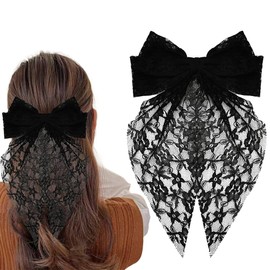 Big Lace Hair Bow with Long Tail Black Bow Hair Barrettes Hair Clips for Women Bow-Knot Headwear Large Bow Clips for Thick Thin Hair Ribbon Bows Hair Pins Hairpins Ponytail Holders
