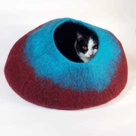 Walking Palm Maroon and Turquoise Cat Cave Bed Large fits Cats up to 18 lbs