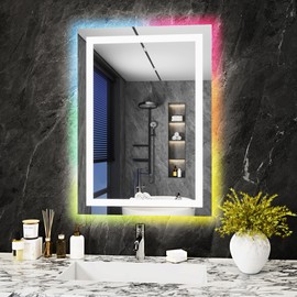 28x20 Inch RGB LED Bathroom Mirror Front Light LED Bathroom Mirror with 3 Colors, Vanity Mirror with Lights, Anti-Fog Wall Mounted, Dimmable Touch Switch Control, Memory Front and Backlit Smart Mirror