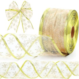 Christmas Tree Ribbon, Christmas Ribbon Glittery Snowflake Organza 2.5 Inch X 11 Yard with Spool, Wired Ribbon for Christmas Decor Gift Packaging Crafts Party Decoration (Gold Ribbon)