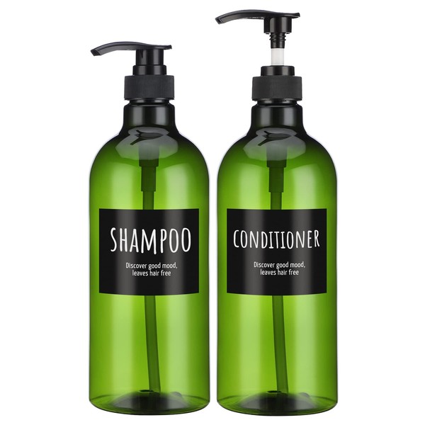 Segbeauty - Botella de champú recargable de 33.8 onzas, 2 unidades de 1000 ml, dispensador de gel de ducha de plástico, jabón líquido para manos, acondicionador de cabello, botellas vacías verdes para baño