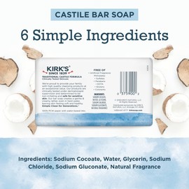 Kirk's Castile Bar Soap for Men, Women & Children - Made With Premium Coconut Oil, Sensitive Skin Formula, Vegan, Non GMO, Original Fresh Scent, 4 oz. Bars, 6 Pack