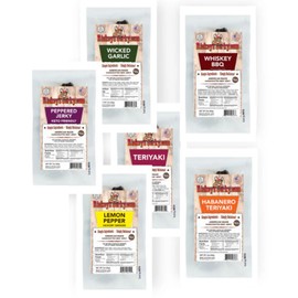 Rickey's Jerky, Beef Jerky, All Natural Meat, High Protein snack, Keto Friendly, Gluten Free, Simple Ingredients, Non-GMO, 6 individual packs of 6 different flavors, beef jerky meat snack for back to school, post workout, hiking, camping, hunting, golfin